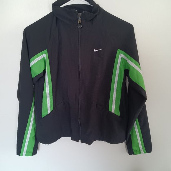Nike Womens Zip Up Jacket XS 0-2 Black Green White Stripe On Sleeve - Picture 1 of 5